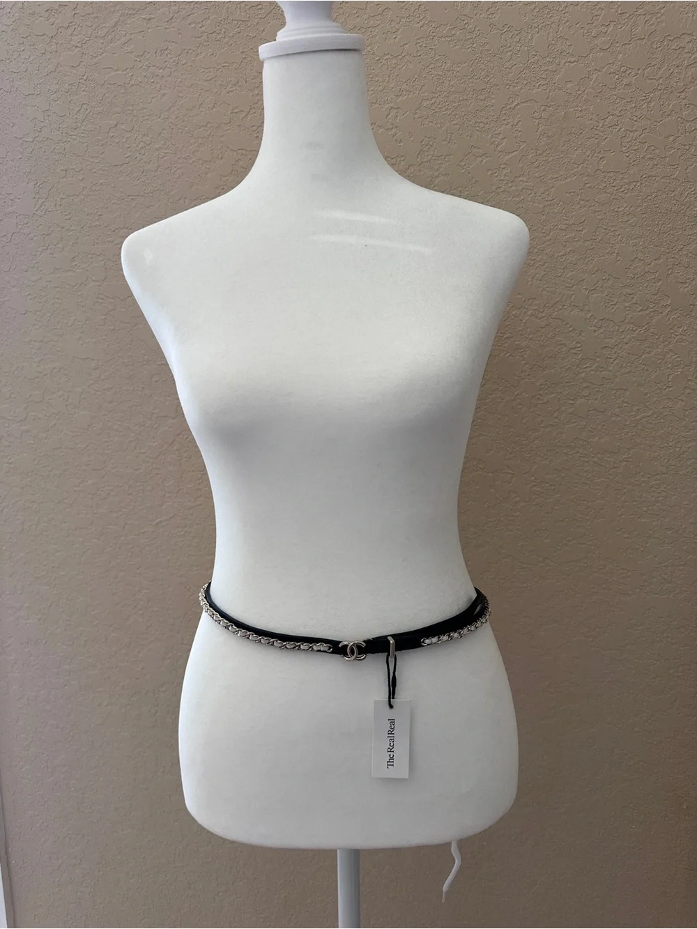 CHANEL Black Leather and Silver Chain Waist Belt with CC Logo